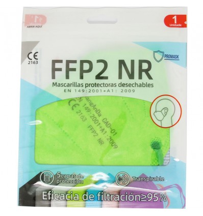 Masque FFP2 NR Promask Vert Électrique, Pack de 5 Unités offrent