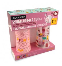 Suavinex Pack Biberones 360ml + Cuchara Tarritos rosa