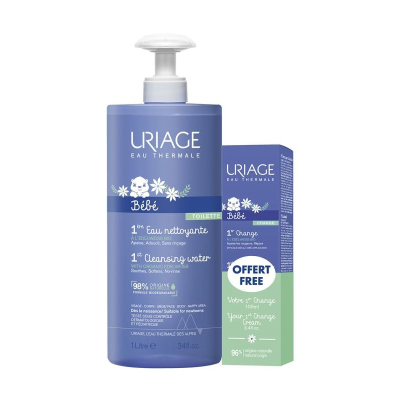 Uriage Bébé Agua de Limpieza 1000 ml + Crema Primer Cambio 100 Gr