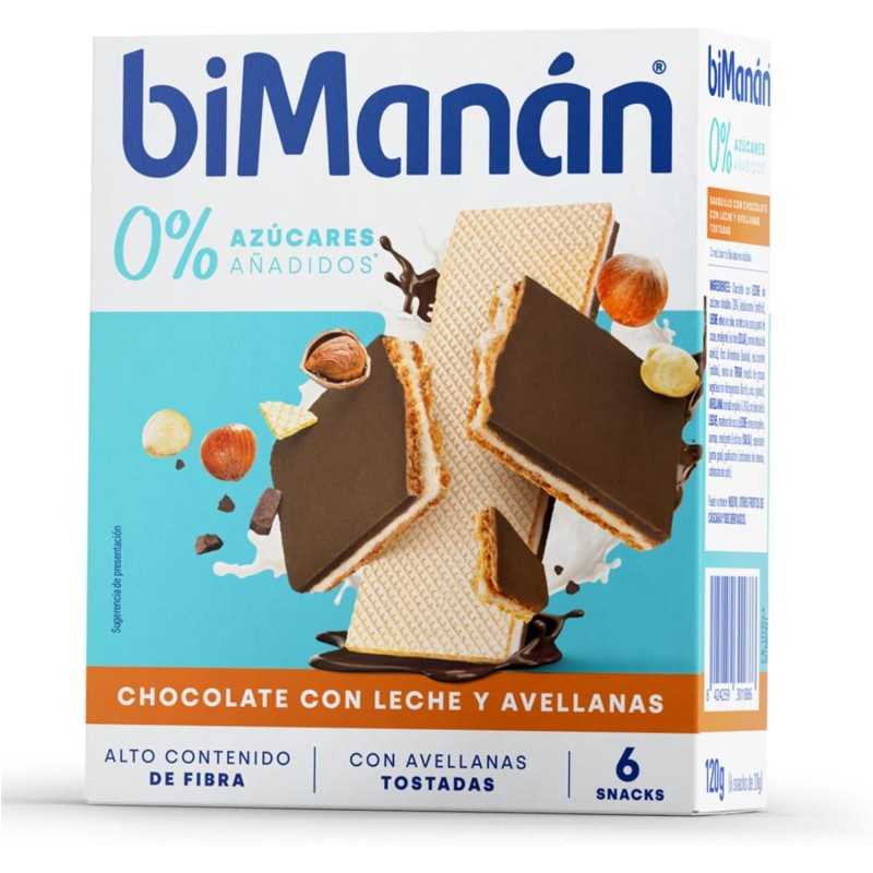 biManán Barquillo Chocolate avellanas 0% azúcares añadidos 6 Unidades