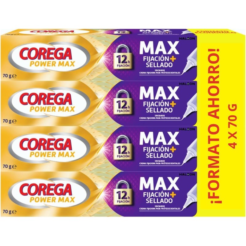 Corega Max Fijación + Sellado Crema Adhesiva Dental 70 g Cuadruplo Ahorro