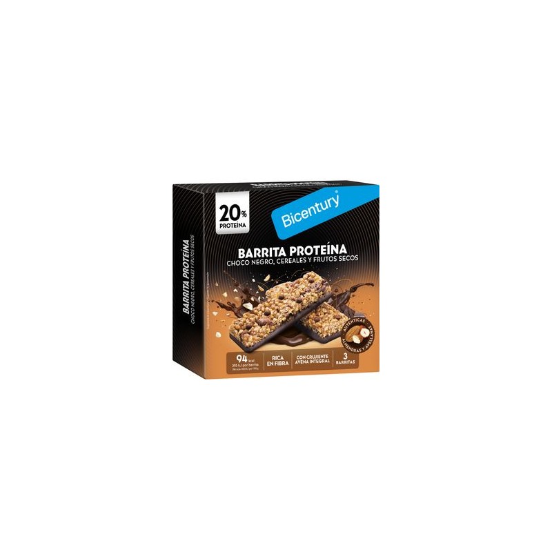 Bicentury Barritas Proteína Choco Negro Cereales  Frutos Secos 3 Unidades