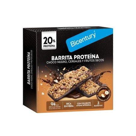 Bicentury Barritas Proteína Choco Negro Cereales Frutos Secos 3 Unidades