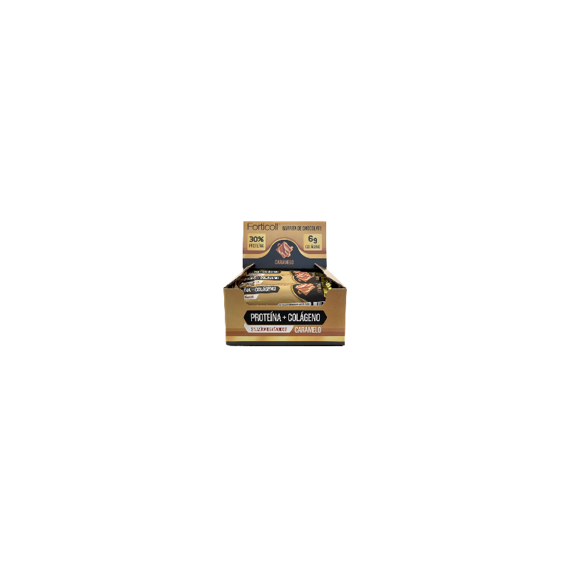 Forticoll Barrita de Chocolate de Proteína + Colágeno Caramelo Caja 12 Unidades Forticoll Barrita de Chocolate de Proteína + Colágeno Caramelo Caja 12 Unidades